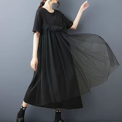 モード系  ニューデザイン  メッシュ  フラップ  ラウンドネック  アシンメトリー  ヘムTシャツドレス