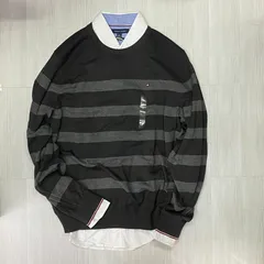 USAモデル TOMMY HILFIGER 綿100％ ストライプ クルーネック セーター 黒/グレー (R4F-34)