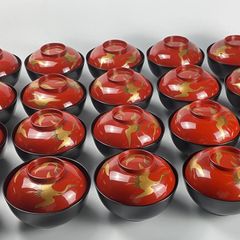 719 蒔絵　日の出　鶴　雑煮　正月　骨董　アンティーク　木製本漆　漆器　吸物椀　日の出椀　20客セット