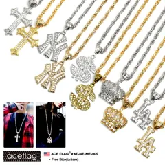 ACE FLAG ネックレス メンズ 春夏秋冬用 ゴールド/シルバー エースフラッグ チェーン ロング 高品質 ペンダント クロス 十字架 ドル 王冠 西海岸 ラッパー b系 ヒップホップ ストリート系 ブランド メール便 AF-NE-ME-005