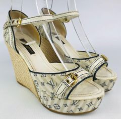 LOUIS VUITTON・ルイヴィトン★レディース キャンバスレザー モノグラム柄 ジュートコンビ ウェッジソール サンダル 厚底（35）