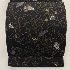 袋帯 美品 名品 花唐草 刺繍 箔 黒 六通 正絹 【中古】