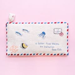 ポーチ エアメール 海からの手紙 ハンドメイド 手刺繍 魚