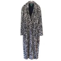 z1401 【極美品】LAUREN RALPH LAUREN ローレンラルフローレン カシュクールワンピース　総柄　モノトーン　白×紺　ネイビー　レディース　サイズ16 希少　大きいサイズ　ジャージワンピ　ストレッチ　人気完売　襟付き