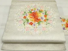 平和屋着物◎九寸名古屋帯　総刺繍　草花文　銀糸　正絹　逸品　DAAT2616qa