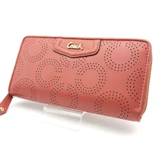 【 極美品 】COACH　オプアート　ラウンドファスナー　長財布　レザー　コーラル