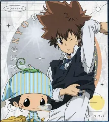 【中古】紙製品 沢田綱吉＆リボーン(引きイラスト/円内グレー) 「家庭教師ヒットマンREBORN! トレーディングミニ色紙(朝支度)」