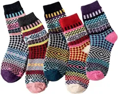 neyu's レディース 靴下 暖かい ぽかぽか カラフル クルー ソックス エスニック 調 民族 柄 5 足 セット あったかい 厚手 防寒 冬 用 ふわふわ 極暖 冷え性 保温 部屋用 インナー( C8071,  Free Size)
