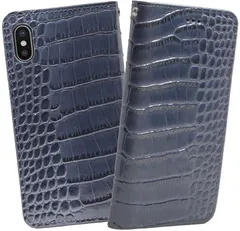 ReZuell クロコダイル x 牛革 apple . 手帳型 レザー ケース iphone XR( ブルー,  iphoneXR)