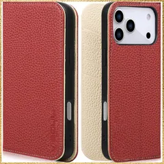 ☆彡送料無料でお届け☆彡Color:レッド・ホワイト「ライチ紋」 VISOUL iPhone 17 Pro Max 対応 ケース 手帳型 本革 アイフォン17 プロマックス 手帳型ケース MagSafe対応 スマホケース レザー カード収納 携帯カバー 横置き