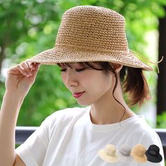 新品　ペーパーハット　ナチュラル　こま編み　つば広　麦わら帽子　レディース