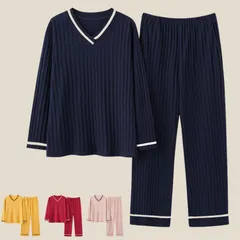 ルームウェア レディース 薄手 セットアップ 長袖トップス ロングズボン パンツ 上下セット ゆったり 部屋着 パジャマ おしゃれ Vネック 100%綿 ソフト