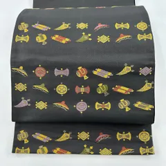 宝尽くし黒地正絹袋帯　六通　未使用 袋帯 美品 秀品 瓢箪 宝尽くし 唐織 箔 黒 六通 正絹 【中古