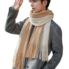 [Andeor] マフラー ストール メンズ 秋 冬 防寒 柔らかい肌触り・上質なウール・大判ストール・ショール・ストライプ・大きいサイズ シンプル カジュアル おしゃれ 暖かい 厚手 防風 プレゼント・ギフト・贈り物・誕生日・記念日・男女兼用 (カーキ/