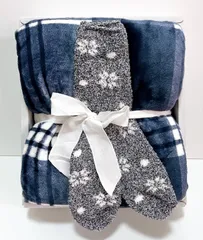 コストコ 大判ひざ掛け&靴下 ギフトセット プラッドブルー