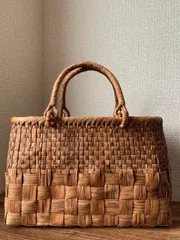 山葡萄籠バッグ　手編み　山葡萄かごバッグ　市松編み　内布あり　ポケットあり