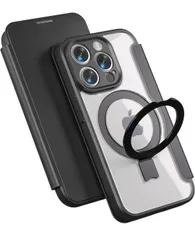 ★smhokesu iPhone 14 Pro 用 ケース 手帳型 MagSafe対応 いphone14Pro ケース リング＆スタンド切り替え ワイヤレス充電対応 カード収納1枚 マグネット式 背面透明PU カメラ保護カバー一体型 レザー  ブラック