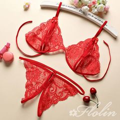 スリットの入ったブラジャーとオープンショーツのセット（レッド） BS-8423