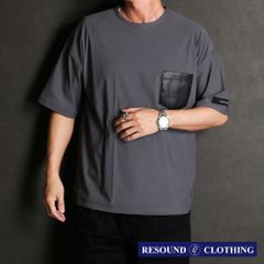 【RESOUND CLOTHING 】leather pocket overnylon T - GREY / エコレザーポケット ルーズTシャツ / RC35-T-005【メンズ】【送料無料】