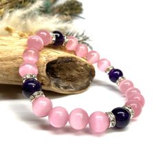 キャッツアイ(ピンク)×アメジスト パワーストーン ブレスレット  (シルバー) メンズ・レディース　男性・女性　数珠ブレス 開運 [23]