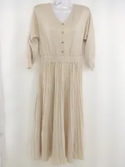 ◇ one after another NICE CLAUP Vネック 長袖 膝下丈 ニット ワンピース ライトベージュ系 レディース  【中古】 【1206300005359】