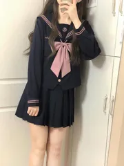 [ブブ オーハナ] 長袖 セーラー 服 上 下 セット コスプレ 制服 コスチューム ハロウィン パーティー リボン 付き ボタン (ダーク ネイビー, L) [ダークネイビー] [L]