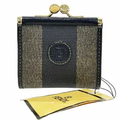 フェンディ コインケース ペカン がま口 ミニ 小銭入れ PVC レザー 革 カーキ系 ブラック 黒 30900 FENDI FF ロゴ ストライプ ミニコインパース 【中古】