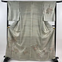 訪問着 身丈165cm 裄丈66.5cm M 袷 御所車 牡丹 刺繍 ぼかし 灰緑 正絹 美品 秀品 【中古】