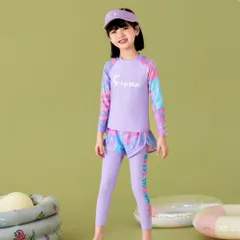 ☆ パープル ☆ 4XLサイズ ☆ キッズ水着 naksw4000 子供 水着 女の子 ジュニア 長袖 ショートパンツ 半ズボン 長ズボン ラッシュガード 上下 水泳着 日焼け防止 紫外線対策 かわいい 可愛い メッシュ 通気性 速乾性 キッズ ガールズ 女子