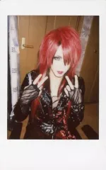 【中古】生写真(男性) グリーヴァ/陽-haru-/上半身・座り・衣装黒赤・両手ピース・体正面・顔やや右向き・左目隠れ・背景茶・ドア/生チェキ