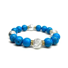 12mm 四神獣銀彫水晶×ターコイズ パワーストーン ブレスレット 運気上昇 開運 金運 健康運 厄除け お守り 青龍 白虎 玄武 朱雀 （ゴールド）メンズ・レディース 男性・女性 数珠ブレス 開運 /1  ■