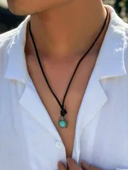 ジュエリー メンズ ネックレス 1個 ボヘミアンスタイル ヴィンテージ ラウンド ターコイズ 付き PUレザー チェーン 男性用 ペンダントネックレス