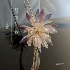 月下美人 簪  -朱紫- 紫 ディップアート アメリカンフラワー チャーム付 成人式 着物 和装 浴衣 花嫁ヘア 結婚式 ブライダル ウェディング 推し活 パール 赤紫 透明感 透け おしゃれ