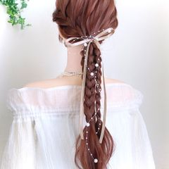 【モカ】パール サテンリボン ポニーフック ブライダル ヘア ヘアリボン