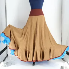 【美品 フラメンコ衣装】ブラウン ファルダ スカート ボランテ 茶色 水色 花柄 フリル 大きめ 大きいサイズ 二重 青 ブルー