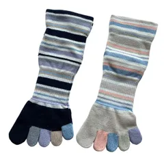 5本指ソックス レディース 外反母趾対策 2足組 表糸綿100％ ５本指靴下 レディース スポーツ ボーダー柄 ゆったり 口ゴム ２足セット（色お任せ） 