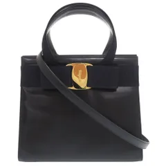 美品 サルヴァトーレフェラガモ ヴァラリボン レザー ネイビー 2WAY ハンドバッグ ショルダーバッグ 0909 Salvatore Ferragamo