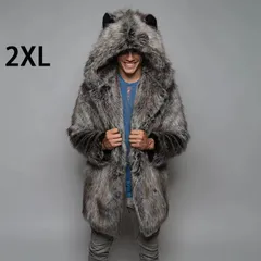 メンズファーコート ロングコート 毛皮コート フード付き 厚手上着 ジャケット 暖かい 冬物 フェイクファー カジュアル 欧米風 カジュアル 大きいサイズ お兄系 グレー 2XL