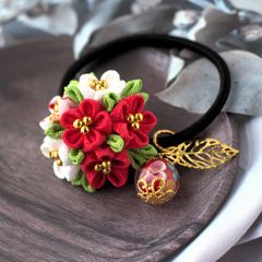 ❁大人かわいいつまみ細工紅白ブーケ＆とんぼ玉ヘアゴム❁ハンドメイド和風髪飾り・つまみ細工ヘアアクセサリー・入学式・卒業式・入園式・卒園式・七五三・行事