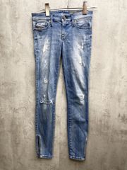 DIESEL D.N.A. ディーゼル ダメージ加工 裾ファスナー ローウエスト ストレッチ スキニー デニム パンツ sizeW24L30/青 ■■レディース
