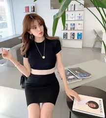 バイカラー タイトミニワンピース 半袖 ボタン パイピング 韓国系ファッション