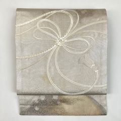 リユース帯 名古屋帯 銀 カジュアル 金糸 銀糸 刺繍  組紐 干割れ 未洗い MS1096