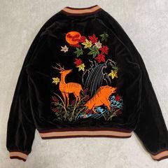 【CROPPED HEADS】スカジャン　リバーシブル　猪鹿蝶　花札　別珍　ショート丈　スーベニア　サイズM ブラック　猪、燕、鹿、蝶、薔薇、紅葉、アニマル柄　クロップドヘッズ