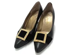 YVESSAINTLAURENT イヴサンローラン レザー×スエード ラインストーン ヒール パンプス サイズ35 1/2(約22.5cm) 靴 ブラック系 DH5242