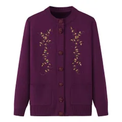 [ALVEIN] レディース シニア ニット カーディガン 暖かい 前開き 羽織 インナー セーター ニット 花柄 ボタン 防寒 保温 ギフト 婦人服 ミセス 祖母 お年寄り おばあちゃん 高齢者 (JP, アルファ [ソースパープル] [Free Size]