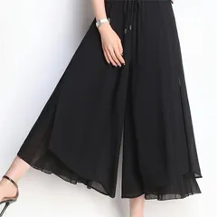 ワイドパンツ ガウチョパンツ  レディース シフォン 裾プリーツ リブフレアパンツ ガウチョ パンツ ボトムス スカーチョ ゆったりcbrx479 