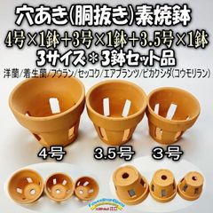 穴あき(胴抜き)素焼鉢- 3サイズ⇒3鉢セット: 4号×1鉢＋3.5号×1鉢＋3号×1鉢 [長四角形穴] 洋蘭/着生蘭/胡蝶蘭/カトレア/フウラン/セッコク/ エアプランツ/ビカクシダ※利用に差し支えのない欠け凸凹はご容赦ください＠フラワーショップ江口