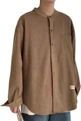 Four leaf トレンドx定番 コーデュロイ スタンドカラーシャツ メンズ バンドカラーシャツ コーデュロイシャツ 羽織 トップス 長袖 秋 秋冬 カジュアル(ベージュ,  M)