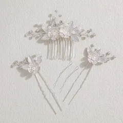 【在庫処分】Famihot 髪飾り ヘアアクセサリー パール コーム Uピン 5点セット 木の葉 花モチーフ 花嫁 かんざし ヘッドドレス 綺麗な花 手作り ウェディング 浴衣 着物 髪飾り フラワー 結婚式 披露宴 二次会 発表会 卒業式 成人式 入