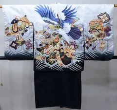 七五三 五歳 男児 羽織・着物・襦袢3点セット 綸子地 金刺繍 鷹 白地 着物は黒地 L寸 お仕立て無料 祝着 NO38778-B-2